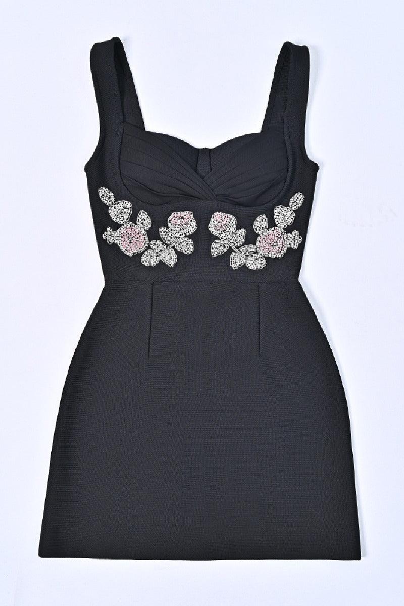 Black bandage evening dress with floral luxe hip wrap cocktail dress 830041044748 - COCOMELODY