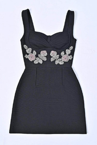 Black bandage evening dress with floral luxe hip wrap cocktail dress 830041044748 - COCOMELODY