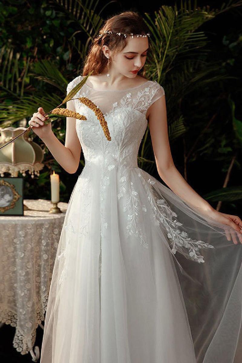A-Line Sweep-Brush Train Lace Tulle Wedding Dress 639357461992