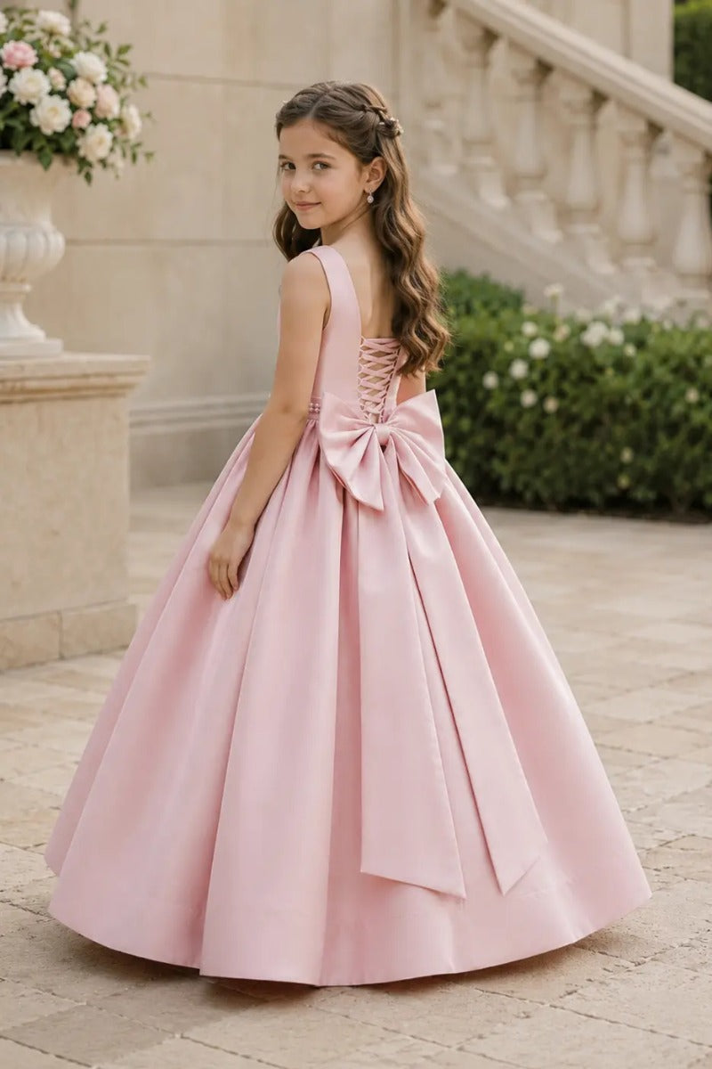 Elegant A-Line Floor Length Satin Square Neck Flower Girl Dresses 1017253005663