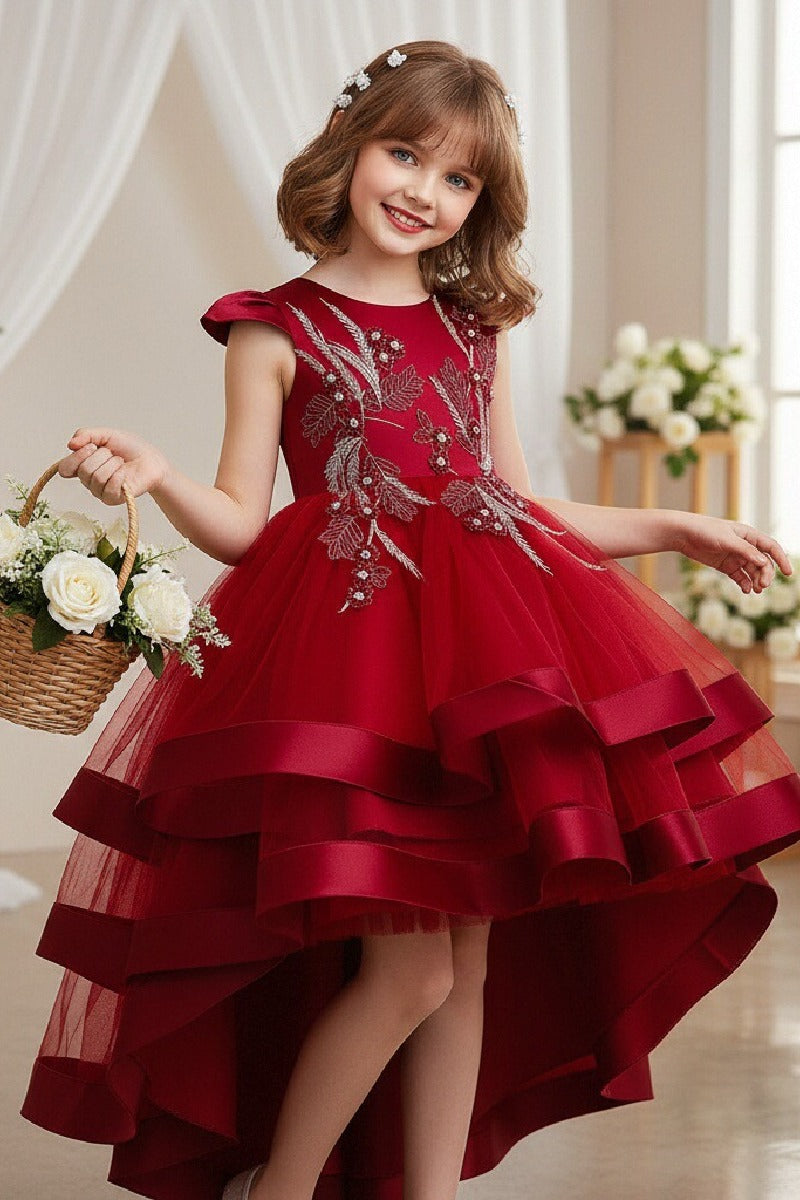 Princess Cap Sleeve High-Low Tulle Satin Ribbon Trim Flower Girl Dresses 1029094443108