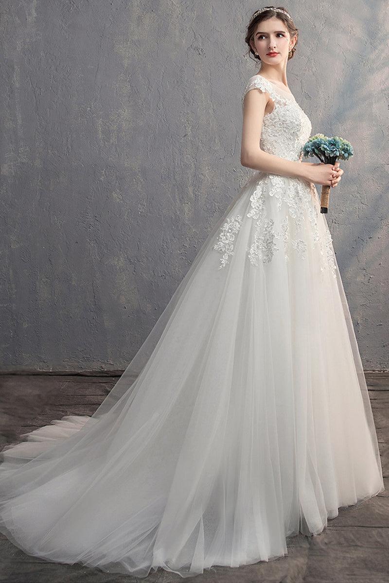 A-Line Sweep-Brush Train Lace Tulle Wedding Dress 774150163562 - COCOMELODY