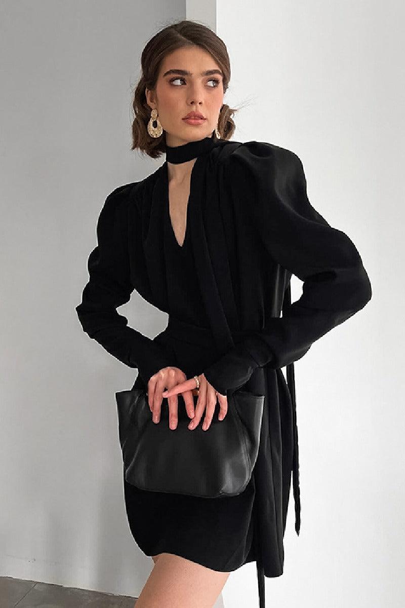French elegant lace-up waist little black cocktail dress 818468797733 - COCOMELODY
