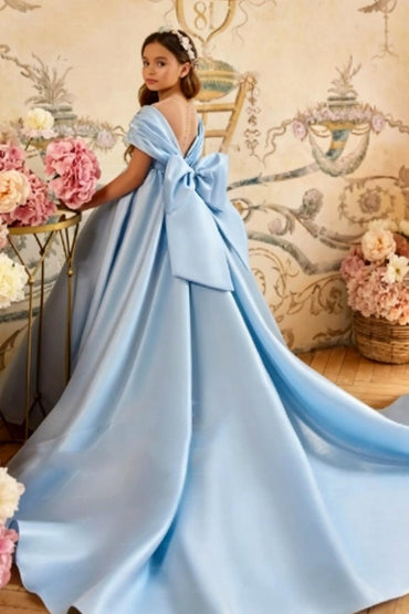 A-Line Off-Shoulder Satin Sweep-Brush Train Flower Girl Dresses 995911629571 - 10 Days / Sky Blue / 2 - COCOMELODY
