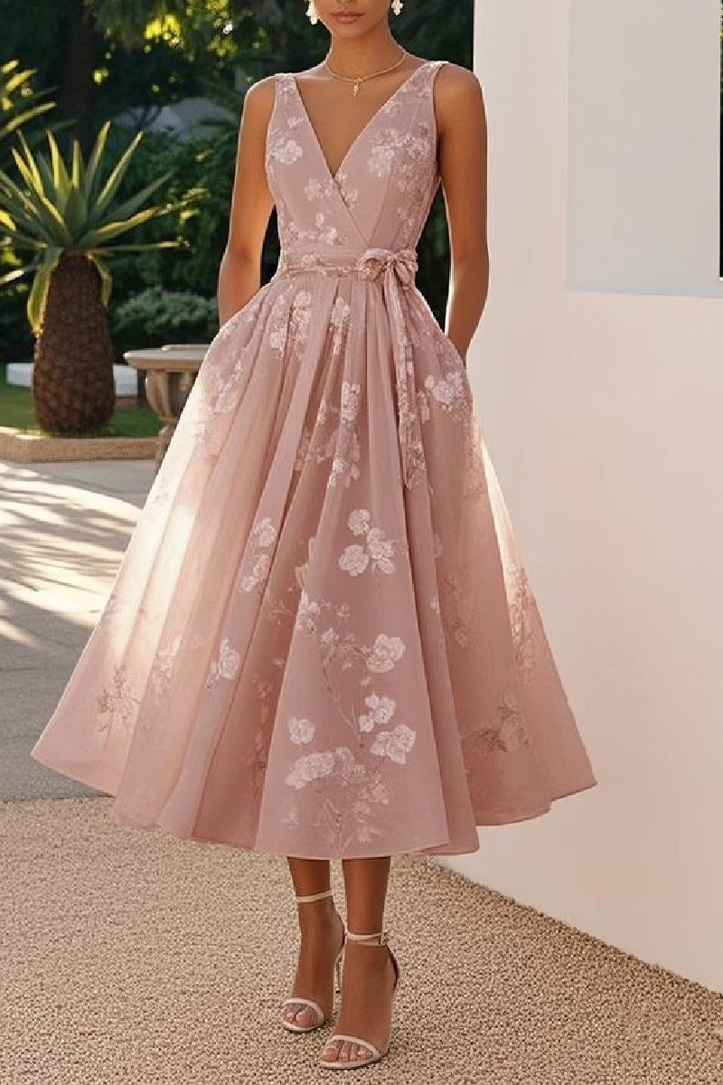 A-Line Tea Length Lace Wedding Guest Dress 936977177647