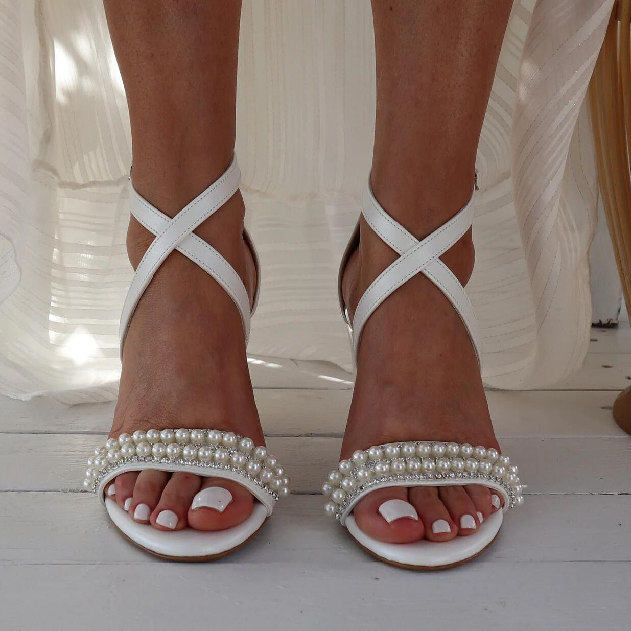Open Toe Sandals with Pearl Detail Crossover Ankle Strap Elegant Shoes 709414855512