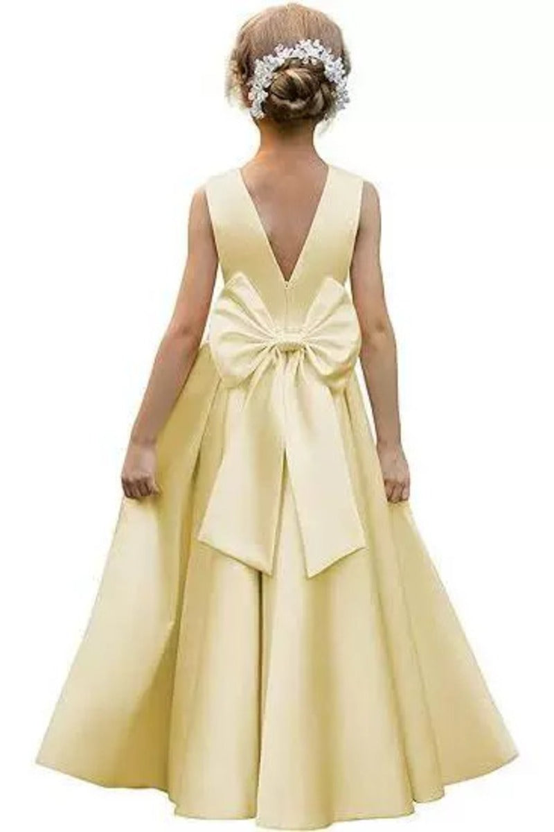Elegant Satin Pearl Waist Pleated Skirt Bow Back Flower Girl Dresses 807252665221