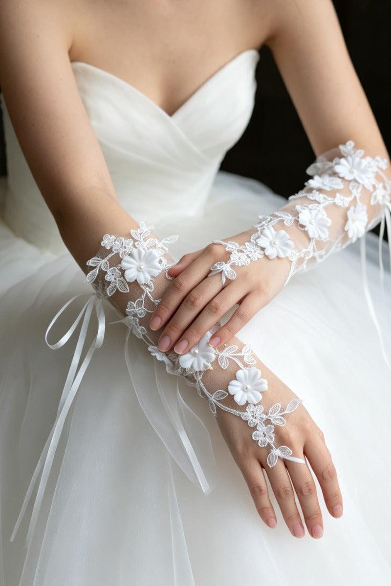 Floral Lace Fingerless Pearl Wedding Gloves 1070895243014 - 7 Days / Ivory - COCOMELODY