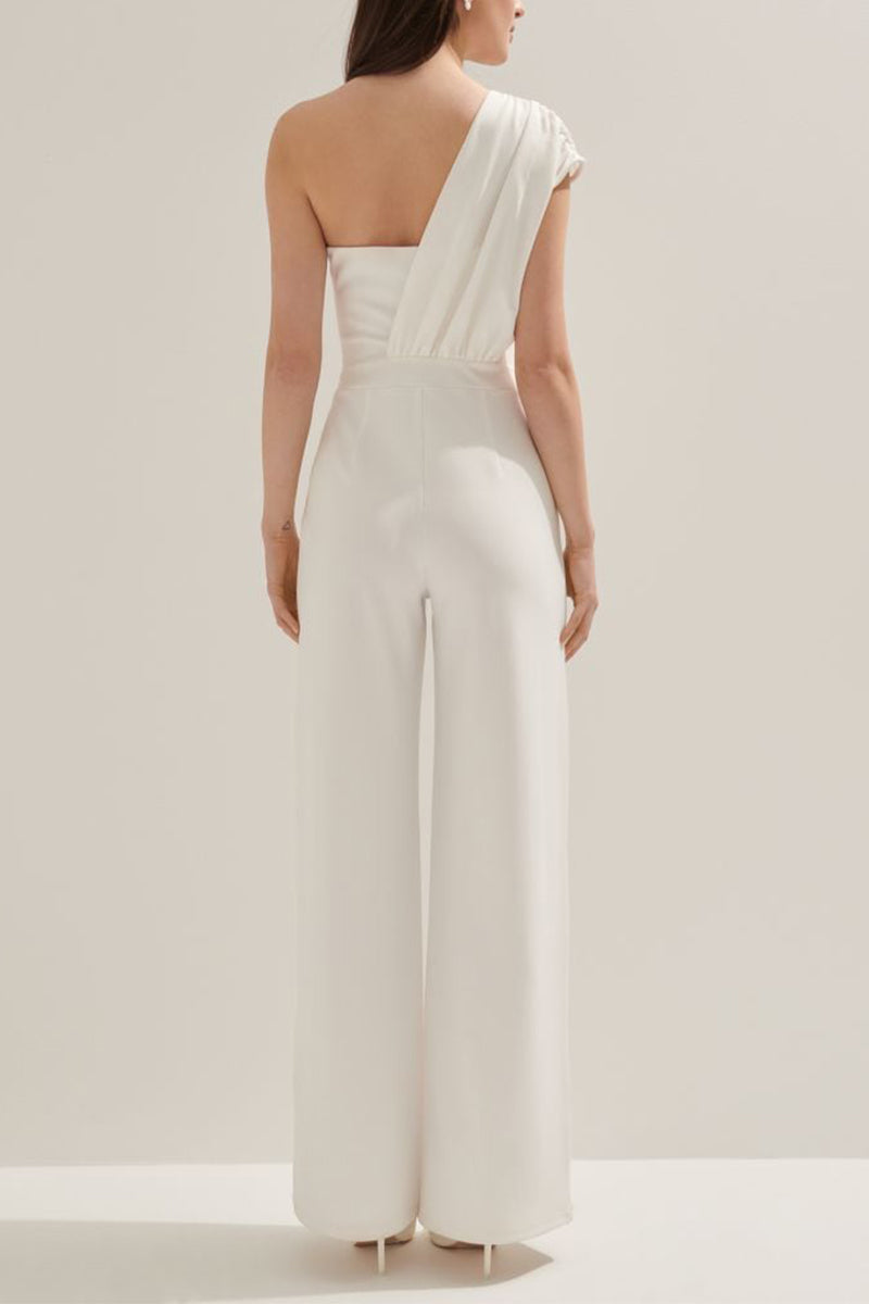 One Shoulder Floor Length Elastic Cloth Wedding Jumpsuit 818677461313