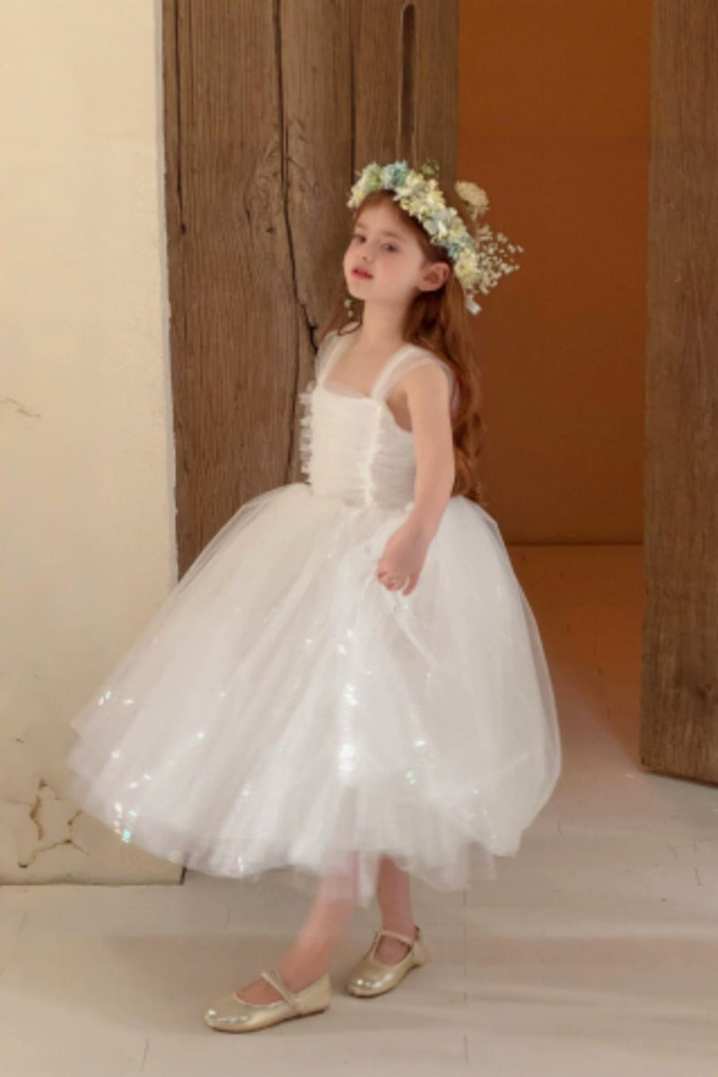 A-Line Glitter Tulle Ruffle Straps Ankle Length Flower Girl Dresses 1038452310663