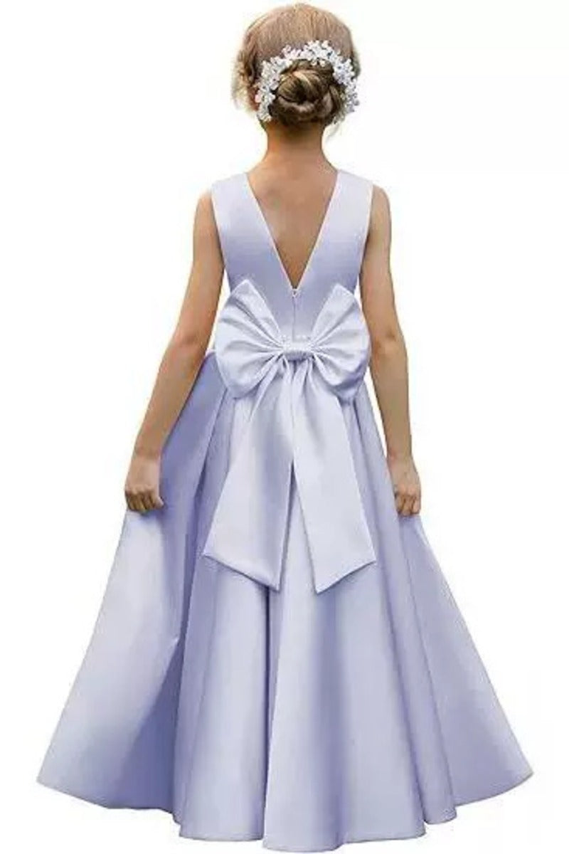 Elegant Satin Pearl Waist Pleated Skirt Bow Back Flower Girl Dresses 807252665221