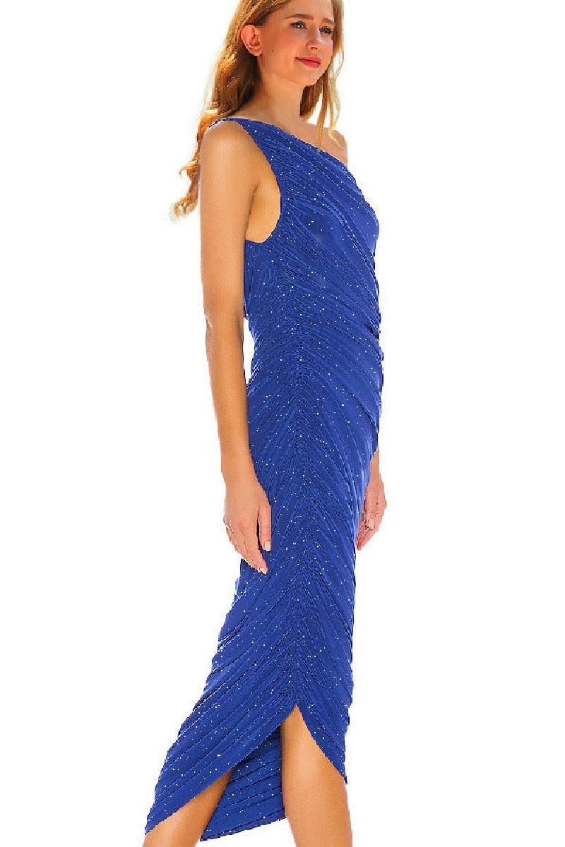 Silver wire pleated oblique shoulder cocktail dress 752479154321 - COCOMELODY