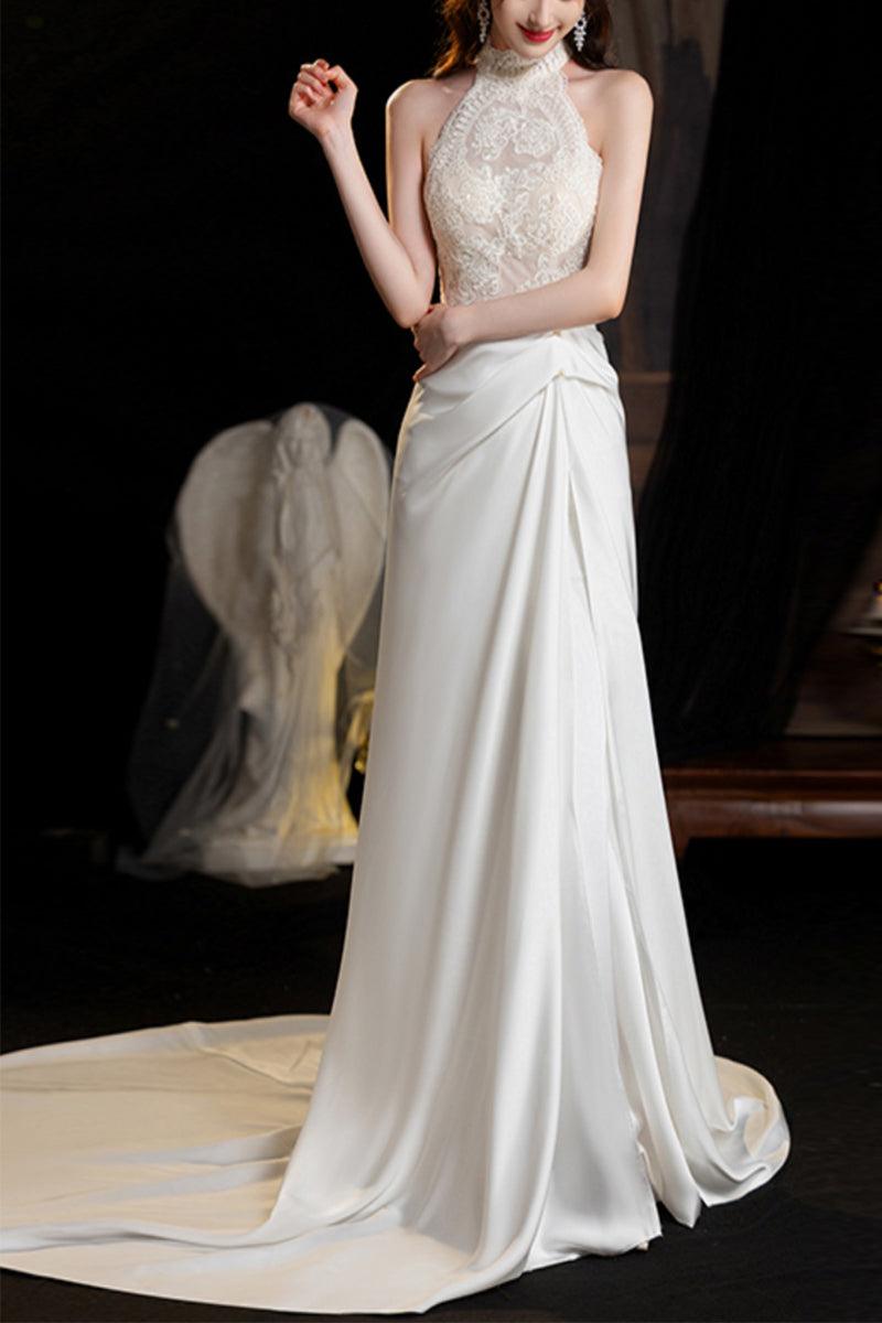 Sheath-Column Chapel Train Lace Satin Wedding Dress 737835089170 - COCOMELODY