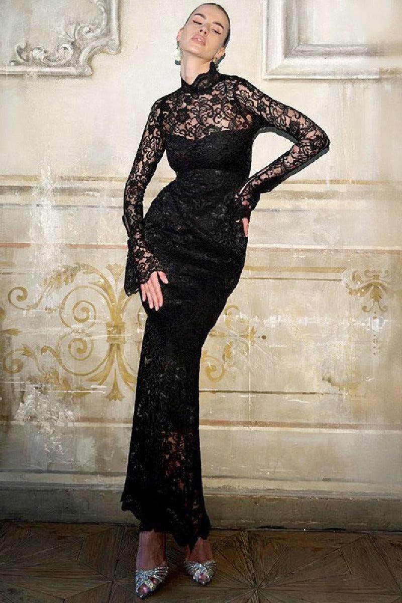 Lace patchwork slim long sleeved cocktail dress 769178582453 - COCOMELODY
