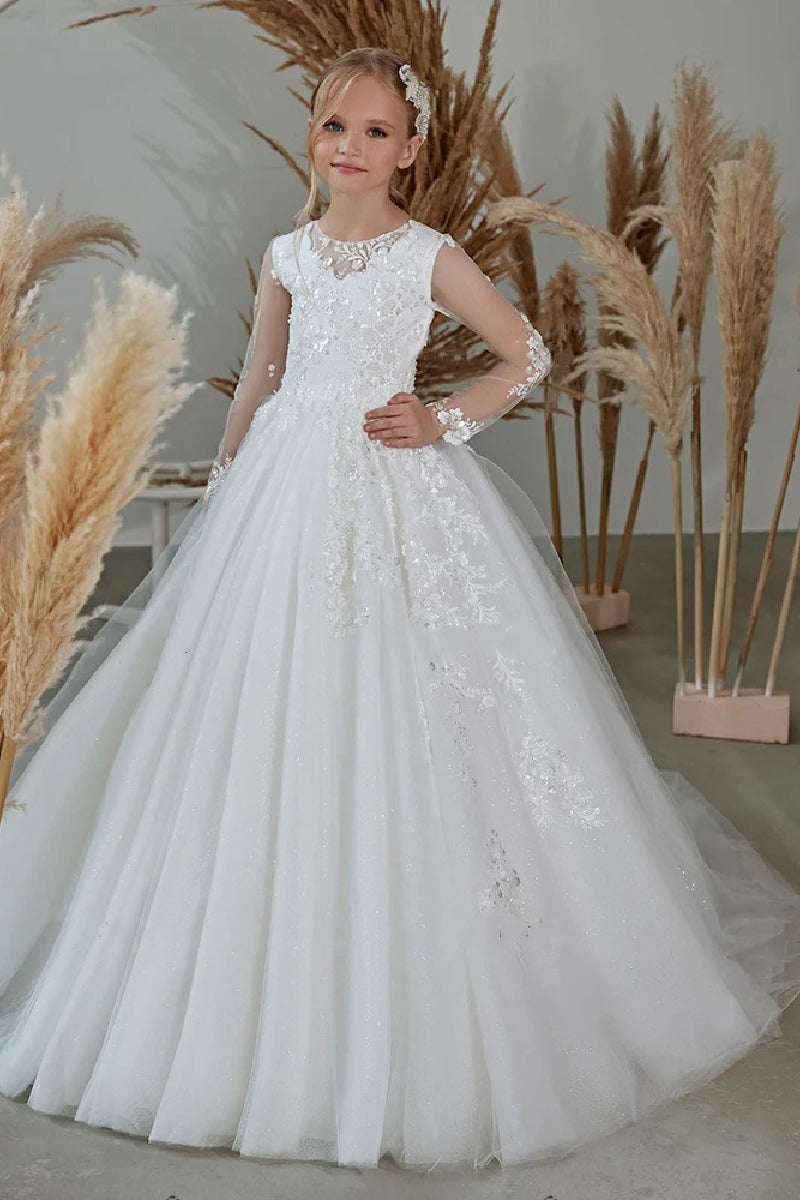 Round Neck Illusion Long Lace Sleeve Tulle Flower Girl Dress 673420614521
