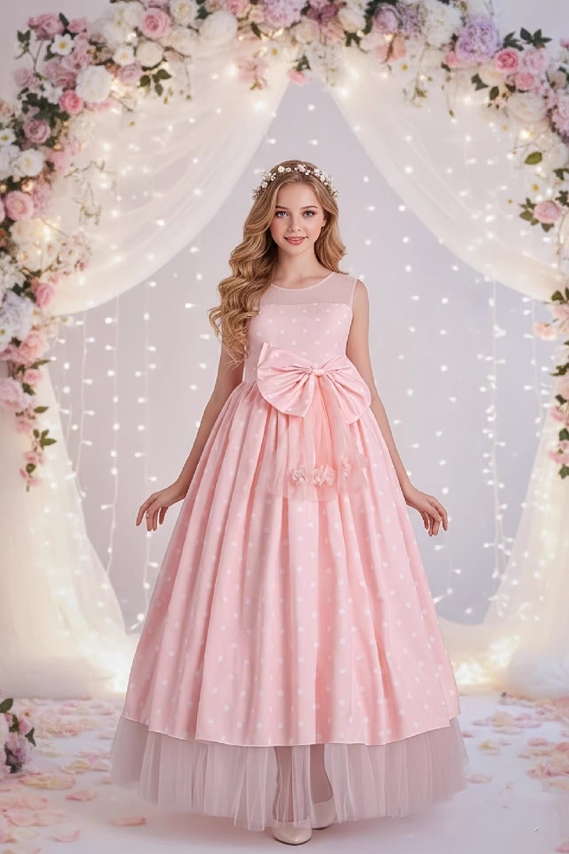 Illusion Round Neck Polka Dot Chiffon Flower Girl Dresses 1028585591033
