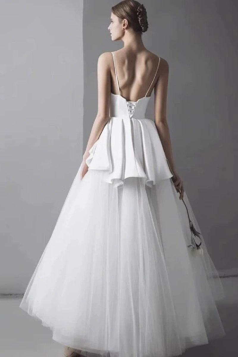 A-Line High-Low Satin Tulle Wedding Dress 864948248312 - COCOMELODY