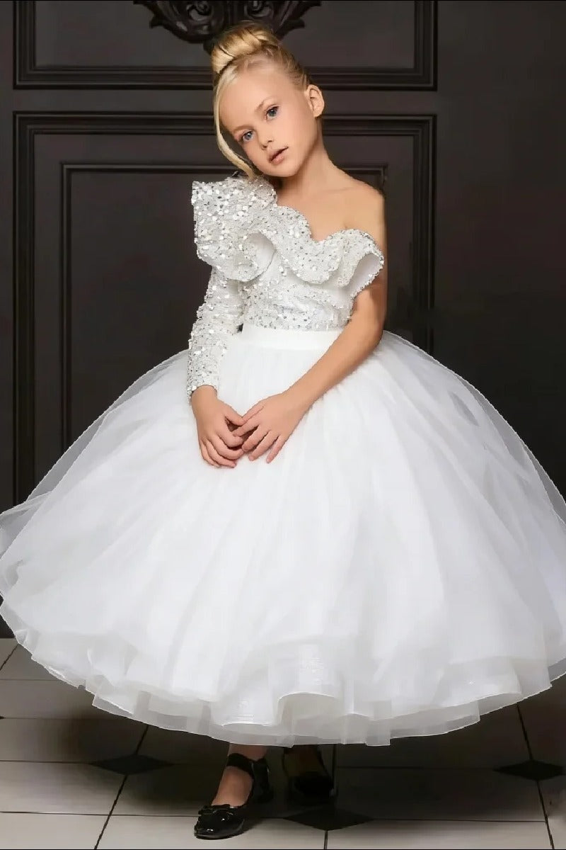 Ball Gown One Shoulder Long Sleeve Ankle Length Tulle Ruffled Sequin Bust Flower Girl Dresses 750104605618