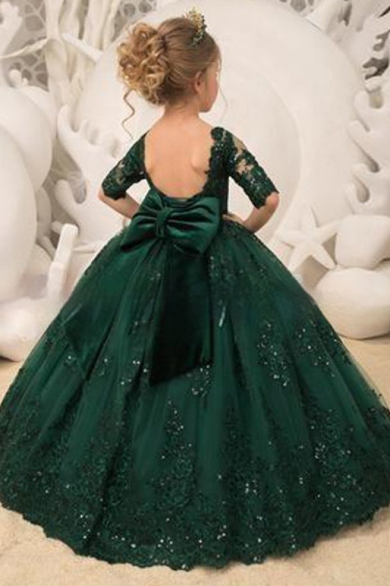 A-Line Illusion Half Sleeve Floor Length Flower Girl Dresses 639993621131