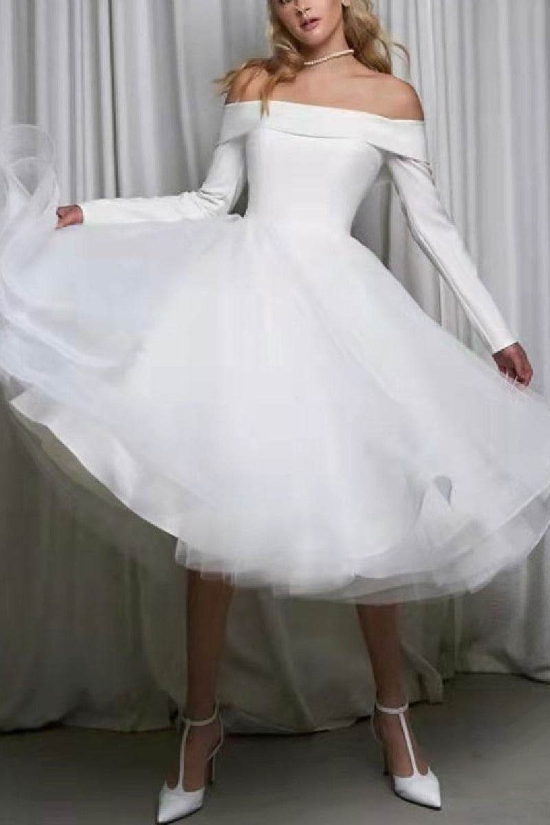 A-Line Tea Length Satin Tulle Little White Dress 100056 - COCOMELODY
