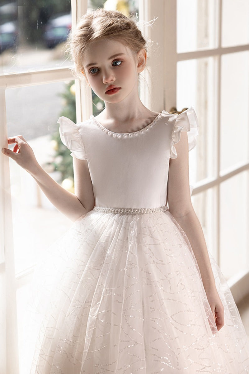 Sequin Tulle Ruffle Sleeves Pearl V-Back Bow Flower Girl Dresses 915170698367