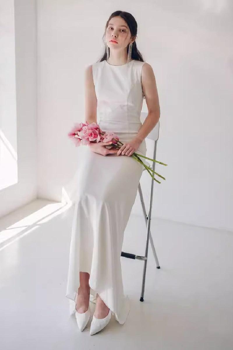Sheath-Column Sweep-Brush Train Elastic Cloth Wedding Dress 817449854351 - COCOMELODY
