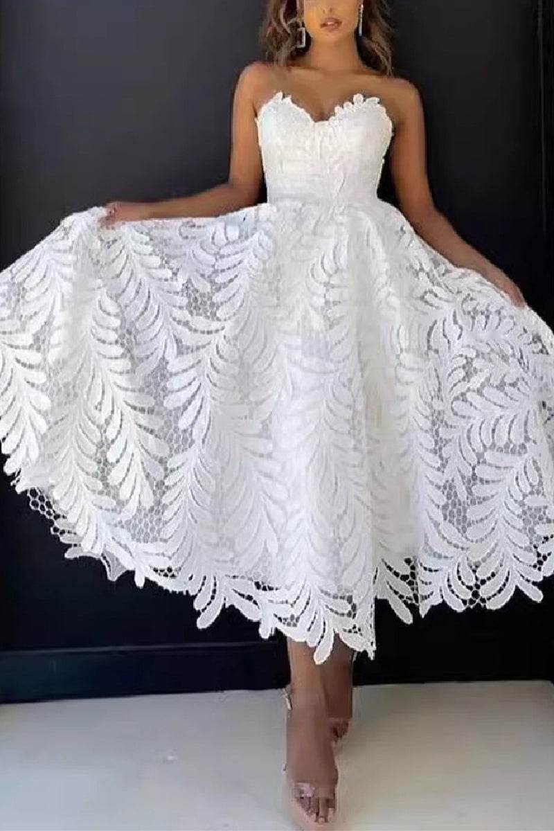 A-Line Tea Length Lace Little White Dress 100060 - COCOMELODY