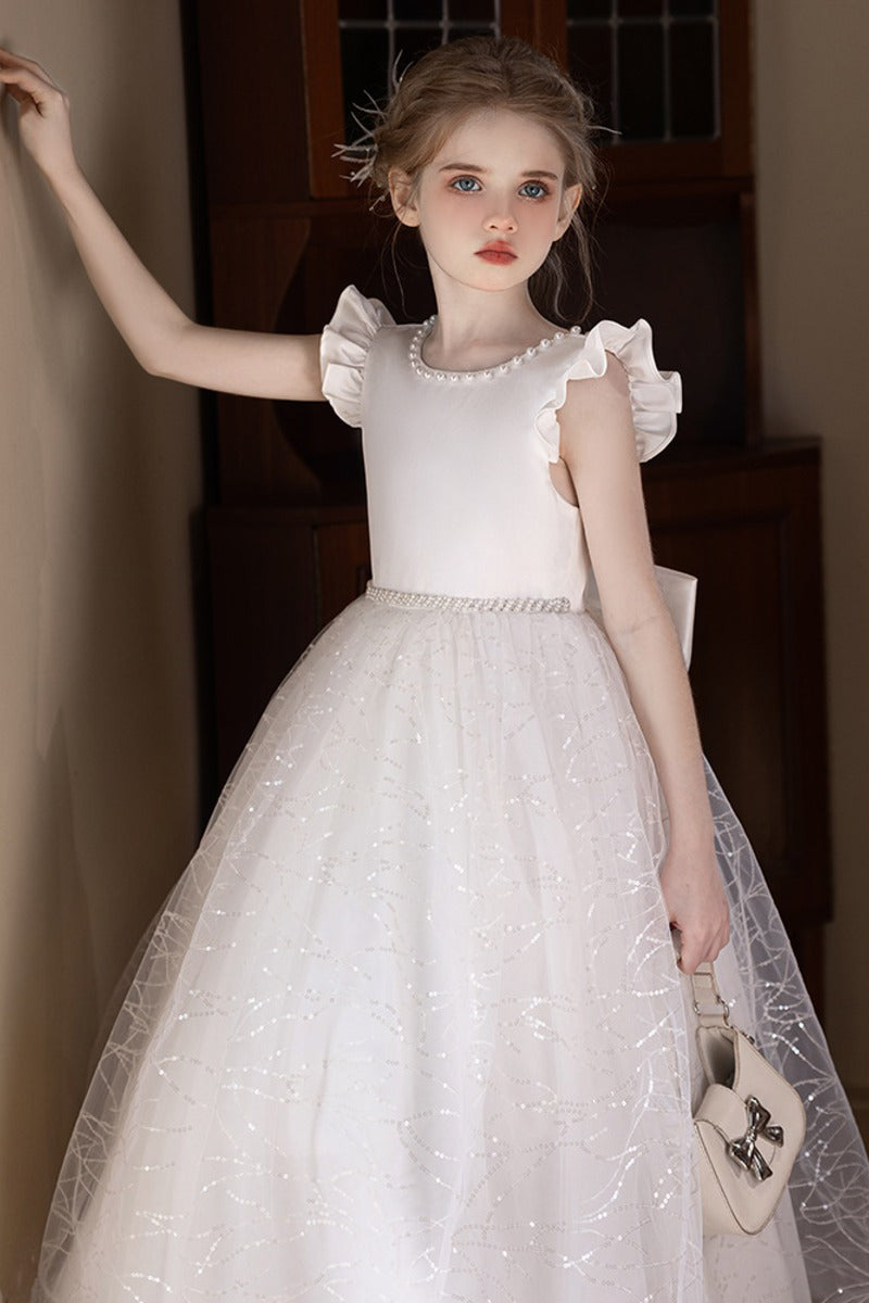 Sequin Tulle Ruffle Sleeves Pearl V-Back Bow Flower Girl Dresses 915170698367