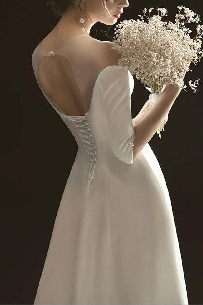 A-Line Sweep-Brush Train Satin Wedding Dress 654904974053 - COCOMELODY