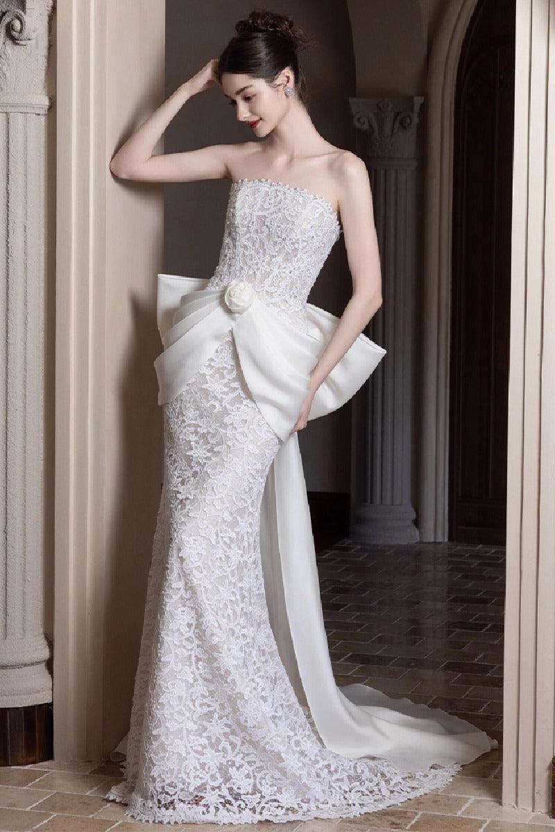 Sheath-Column Sweep-Brush Train Lace Wedding Dress 856822233361 - COCOMELODY