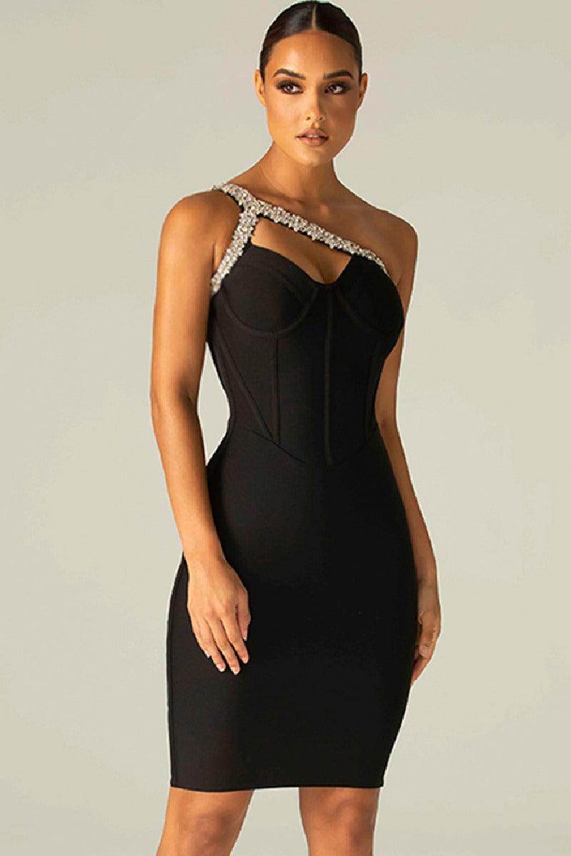 One-shoulder dress with diamond-encrusted bandage cocktail dress 736500408759 - COCOMELODY