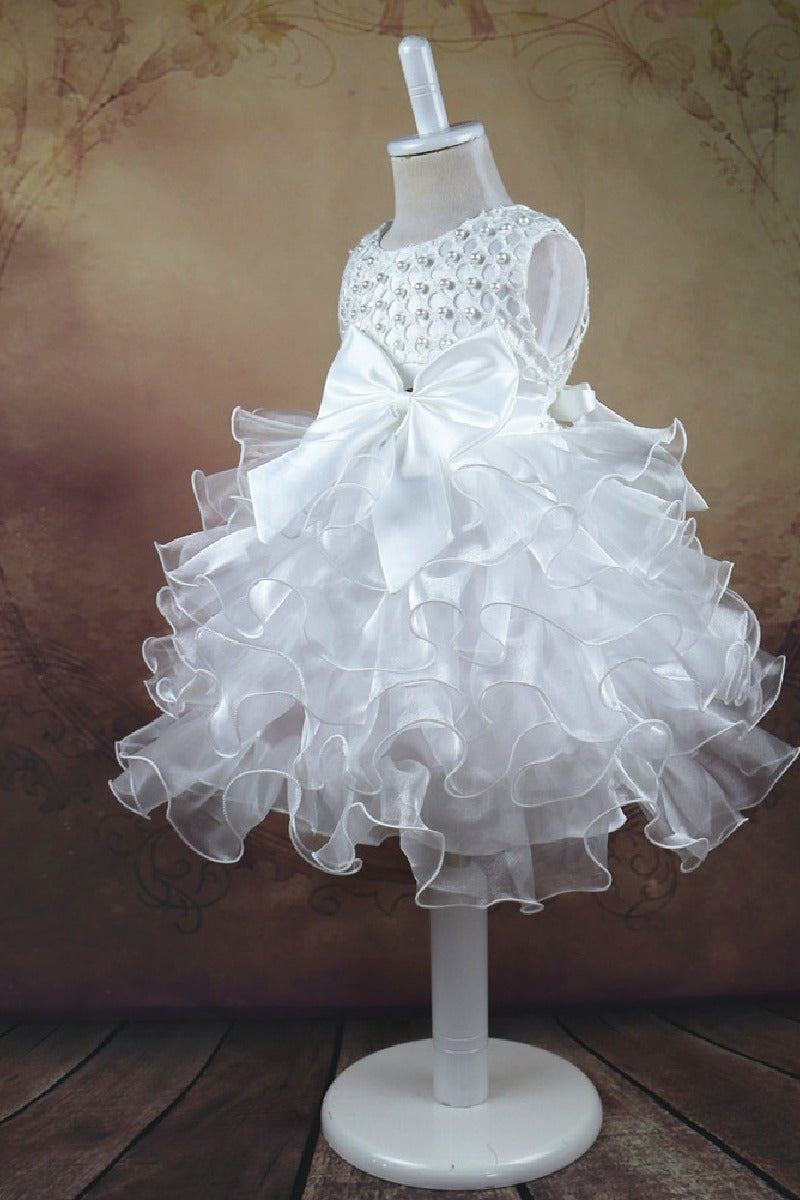 Short A-Line Sleeveless Round Neck Pearl Beaded Ruffled Organza Tutu Flower Girl Dresses 1031504952631