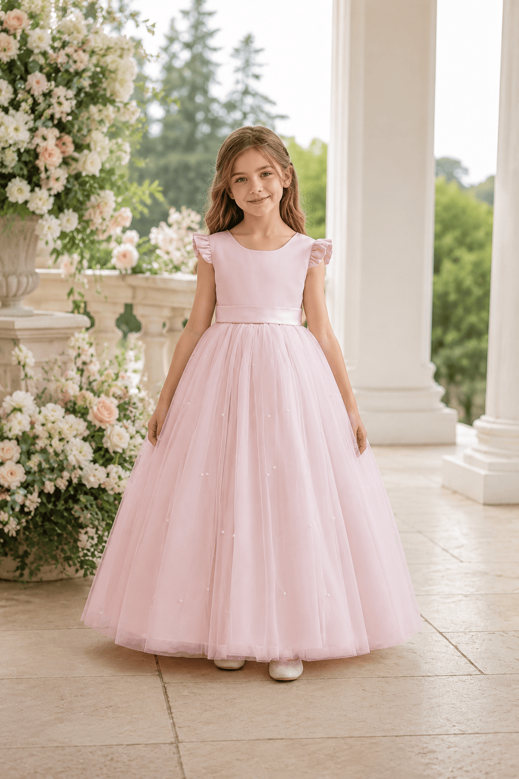 Romantic Tulle with Bow Back Pearl Accents Flower Girl Dresses 1029322248393