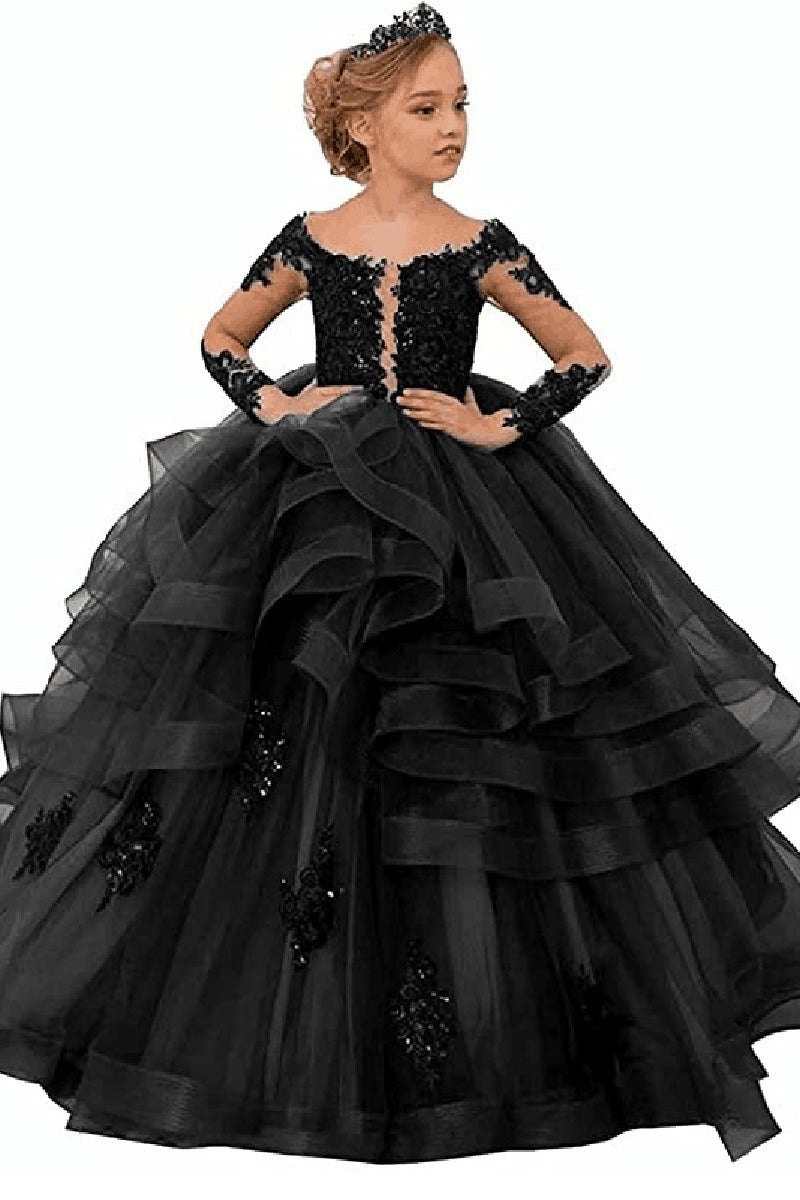 A-Line Off The Shoulder Long Sleeve Tulle Floor Length Flower Girl Dresses 617925271837