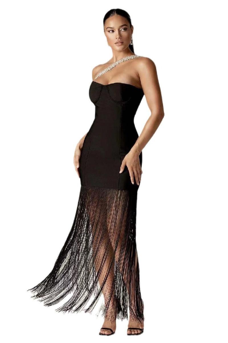 Tassel patchwork chest bandage cocktail dress 827186582328 - COCOMELODY