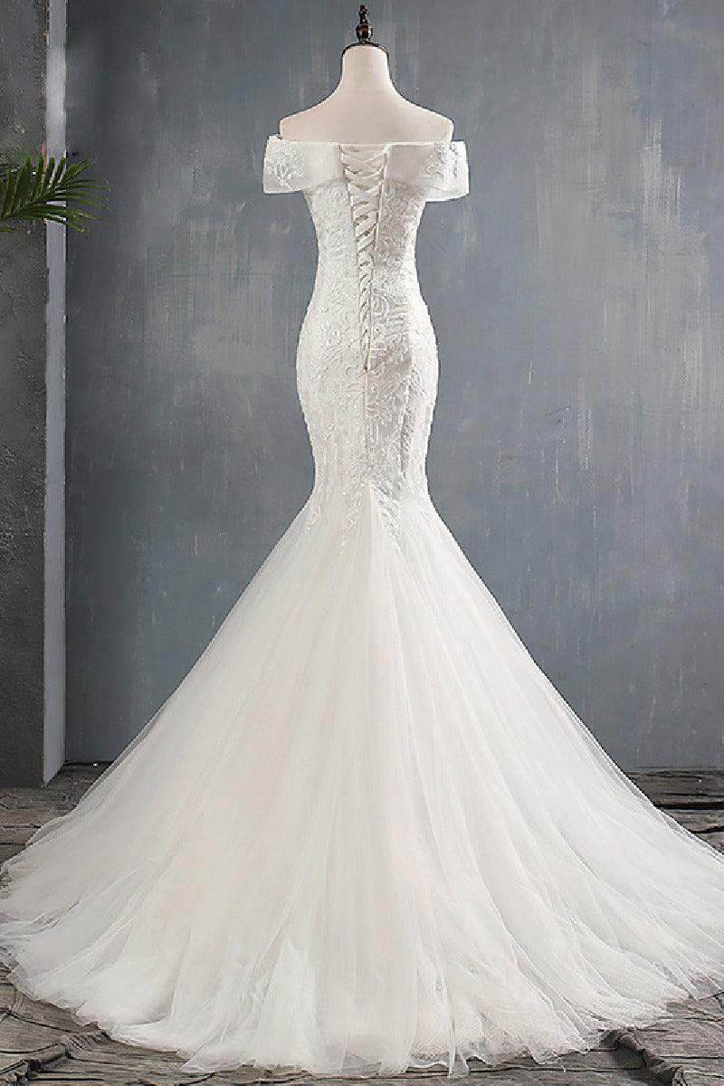 Trumpet-Mermaid Sweep-Brush Train Lace Tulle Wedding Dress 679380968083 - COCOMELODY