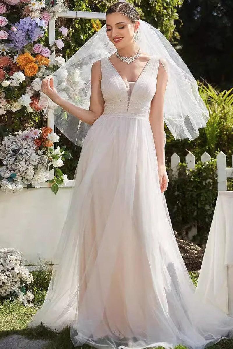 A-Line Sweep-Brush Train Tulle Wedding Dress 837230348553 - COCOMELODY
