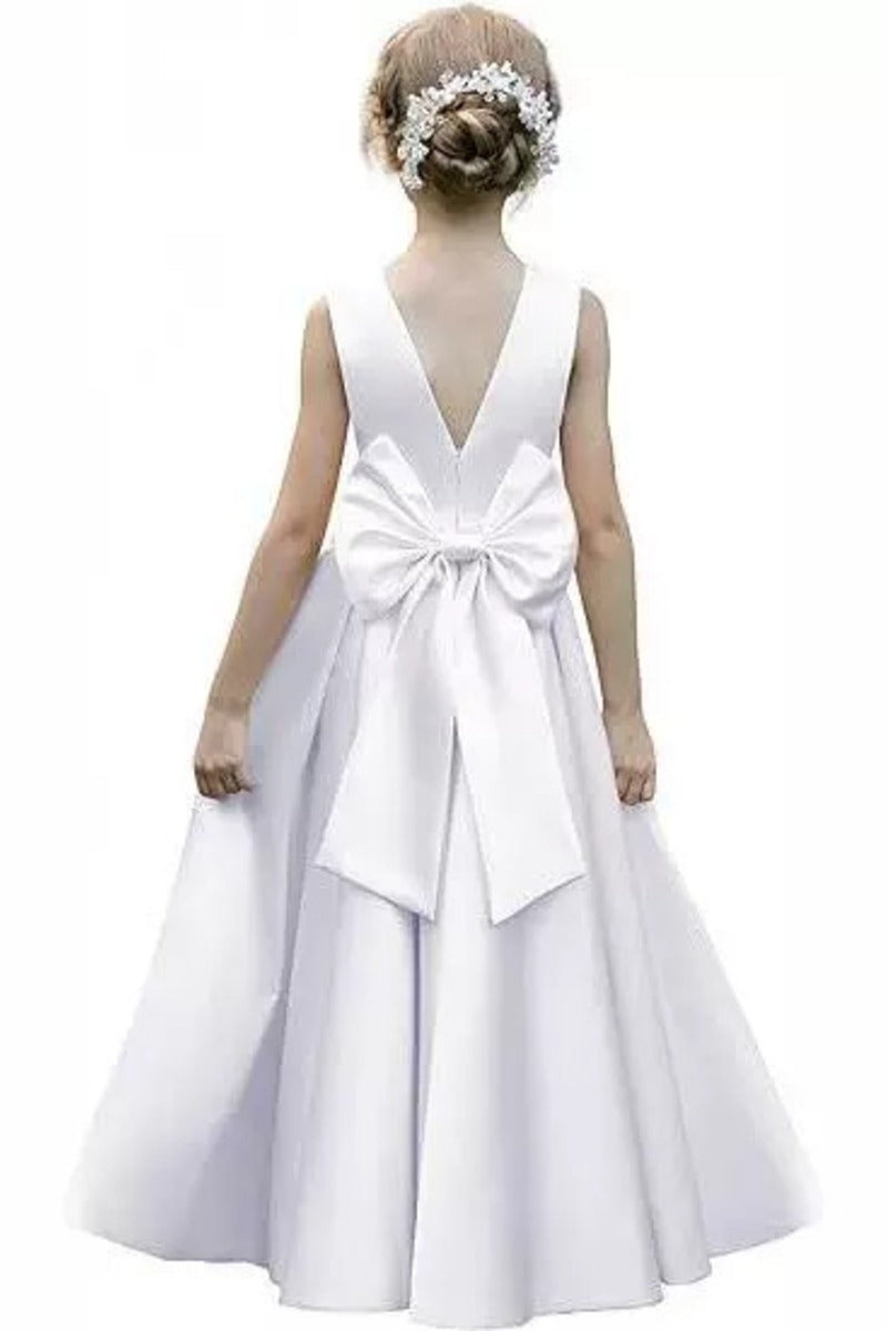 Elegant Satin Pearl Waist Pleated Skirt Bow Back Flower Girl Dresses 807252665221