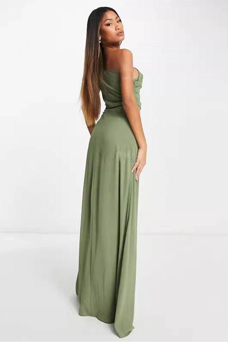 A-Line Maxi Chiffon Bridesmaid Dress 837521191592, 7 Days / Olive Green-Spaghetti Strap / US18W
