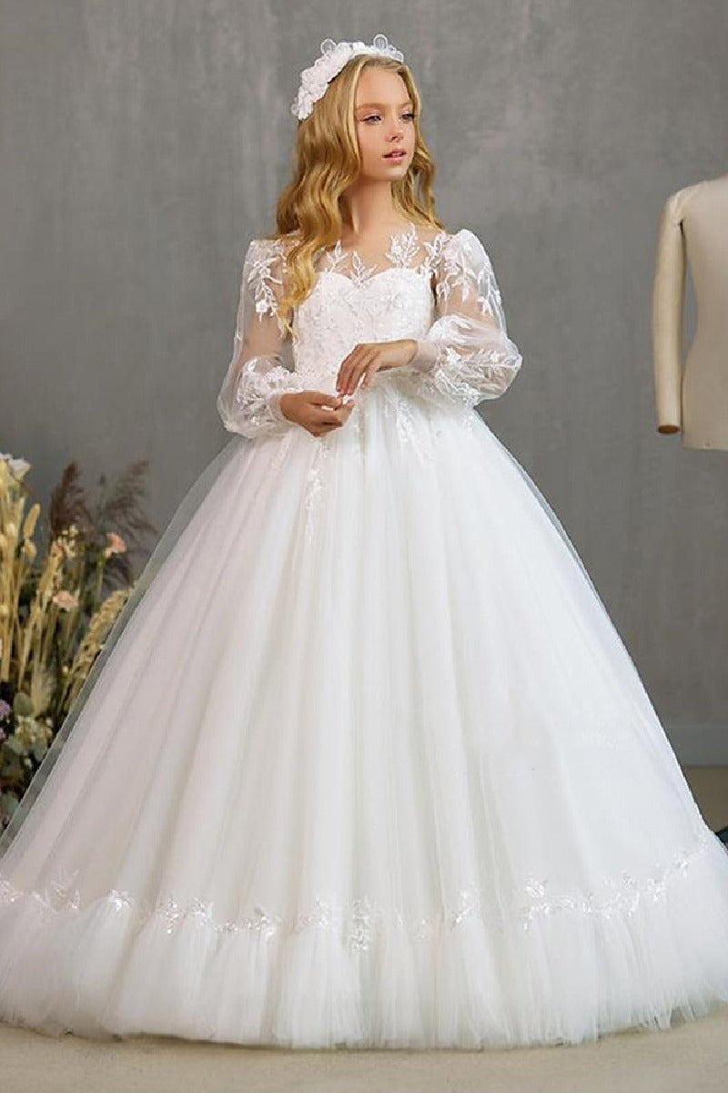 Ball Gown Illusion Sweetheart Neck Sheer Puff Long Lace Sleeves With Fitted Cuffs Tulle Floor Length Flower Girl Dresses 733237512683