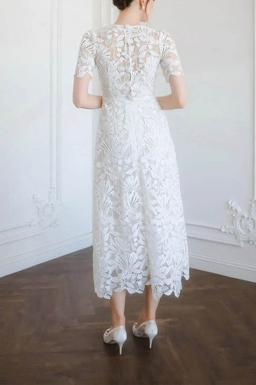 Sheath-Column Tea Length Lace Little White Dress 100016 - COCOMELODY