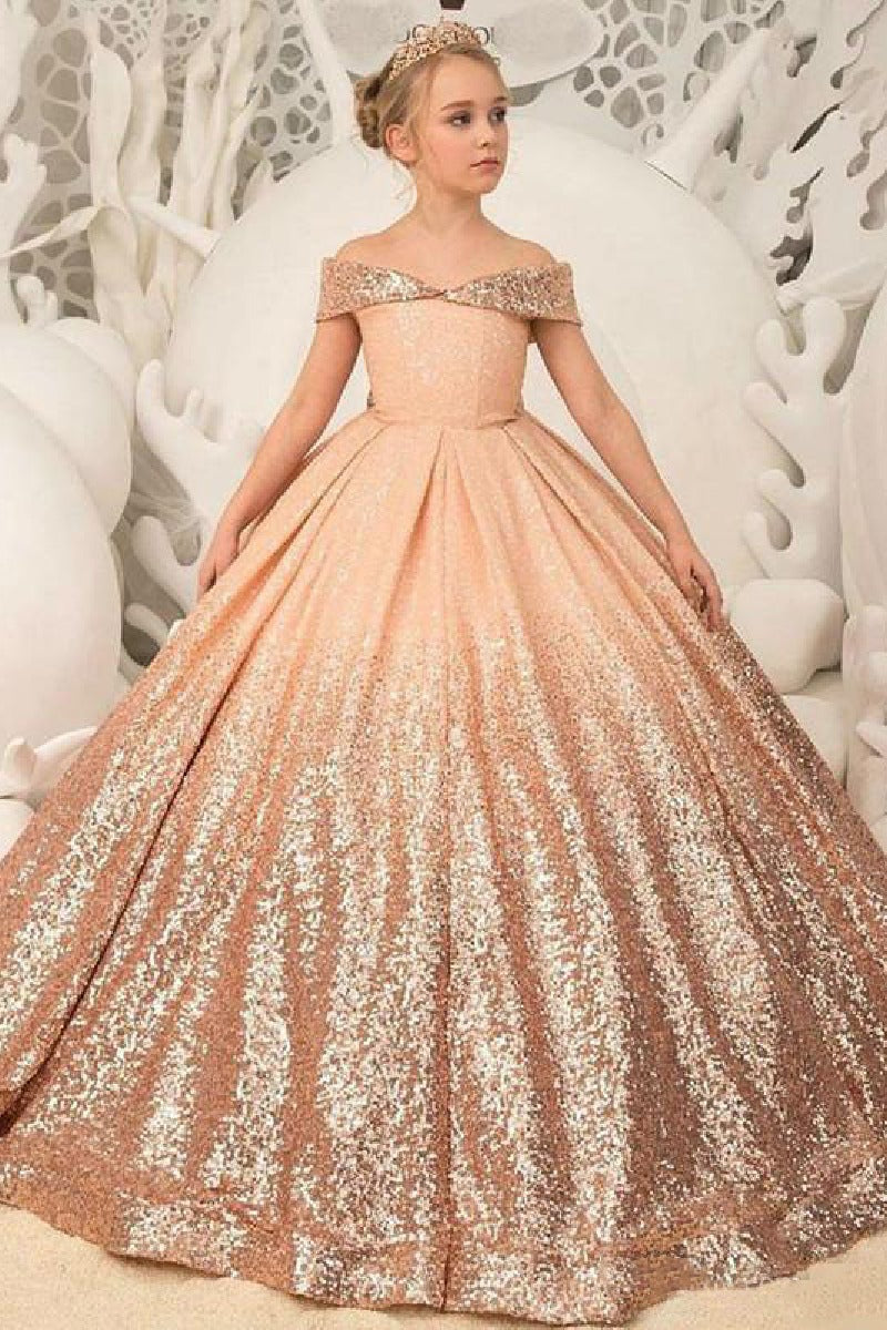 Ball Gown Off The Shoulder Ombre Sequin Floor Length Bow Flower Girl Dresses 617535045936