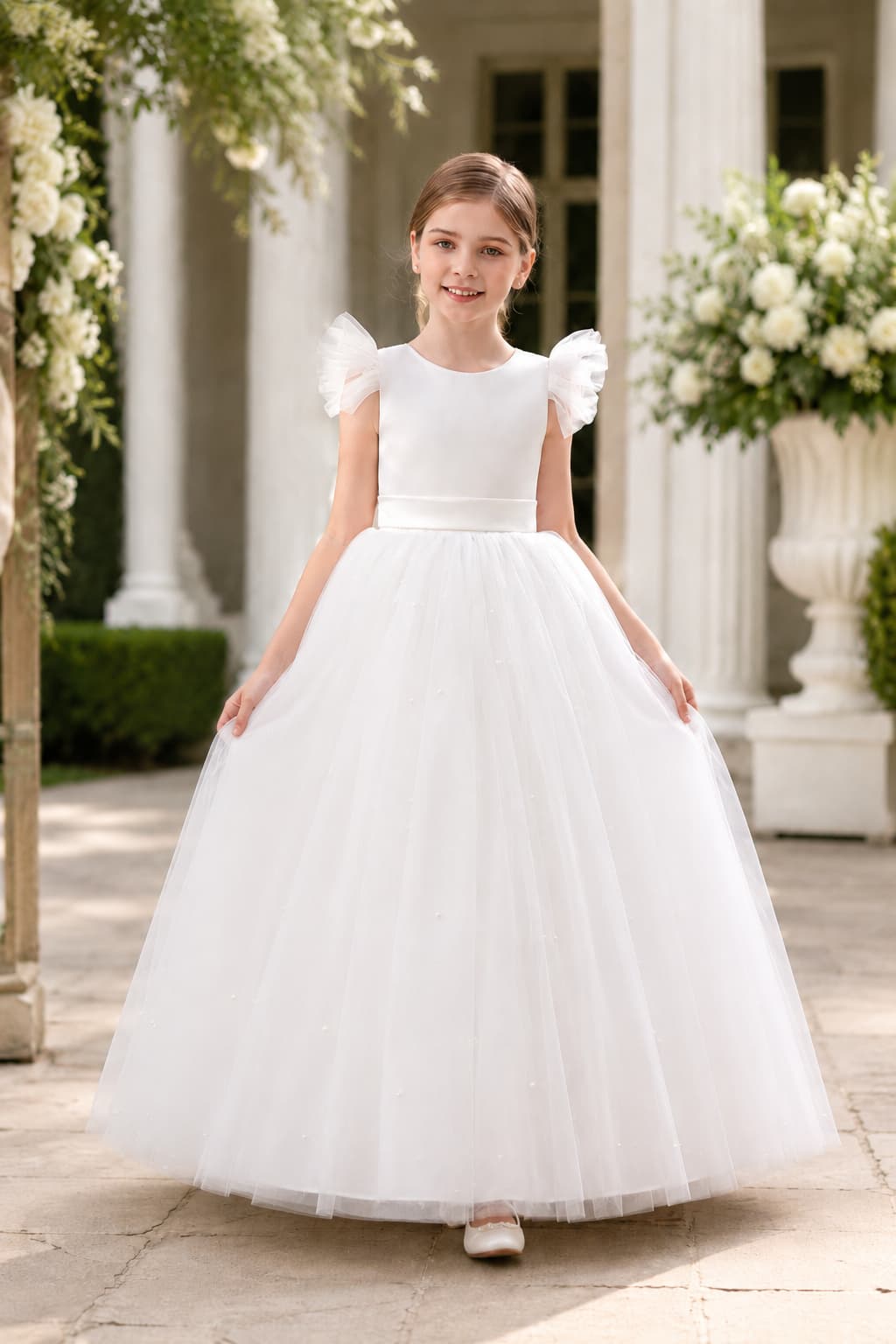 Tulle Flutter Cap Sleeves Big Bow Floor Length Flower Girl Dresses 907809929481