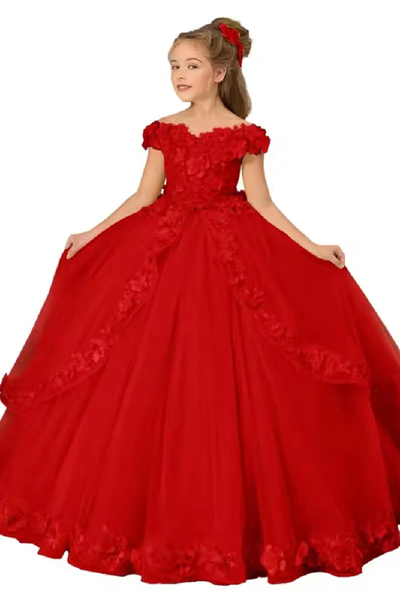 A-Line Off The Shoulder Cap Sleeve Tulle Court Train Flower Girl Dresses 905552294527