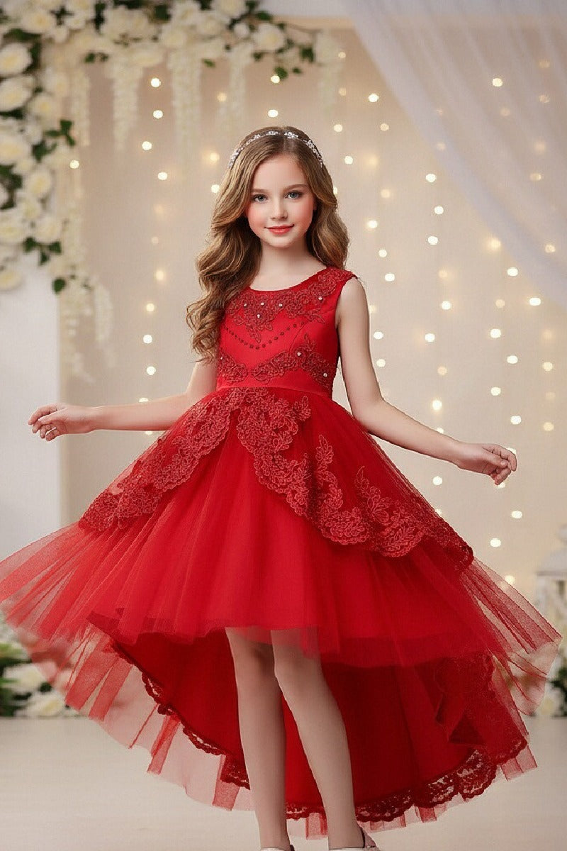 Princess Round Neck Sleeveless Double Layer Lace Overlay Hi-Low Tulle Flower Girl Dresses 1031501196583