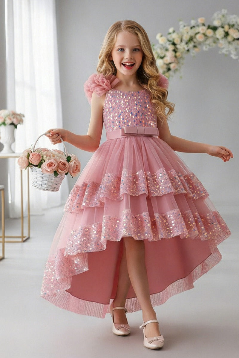 Ruffled Flutter Shoulder Sequin Ruffled Trim Bodice Tulle High-Low Flower Girl Dresses 1029823265576