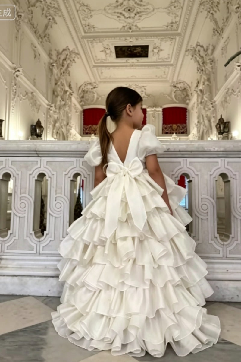 Romantic High-Low Train Tiered Ruffles Back Bow Flower Girl Dresses 950388949190