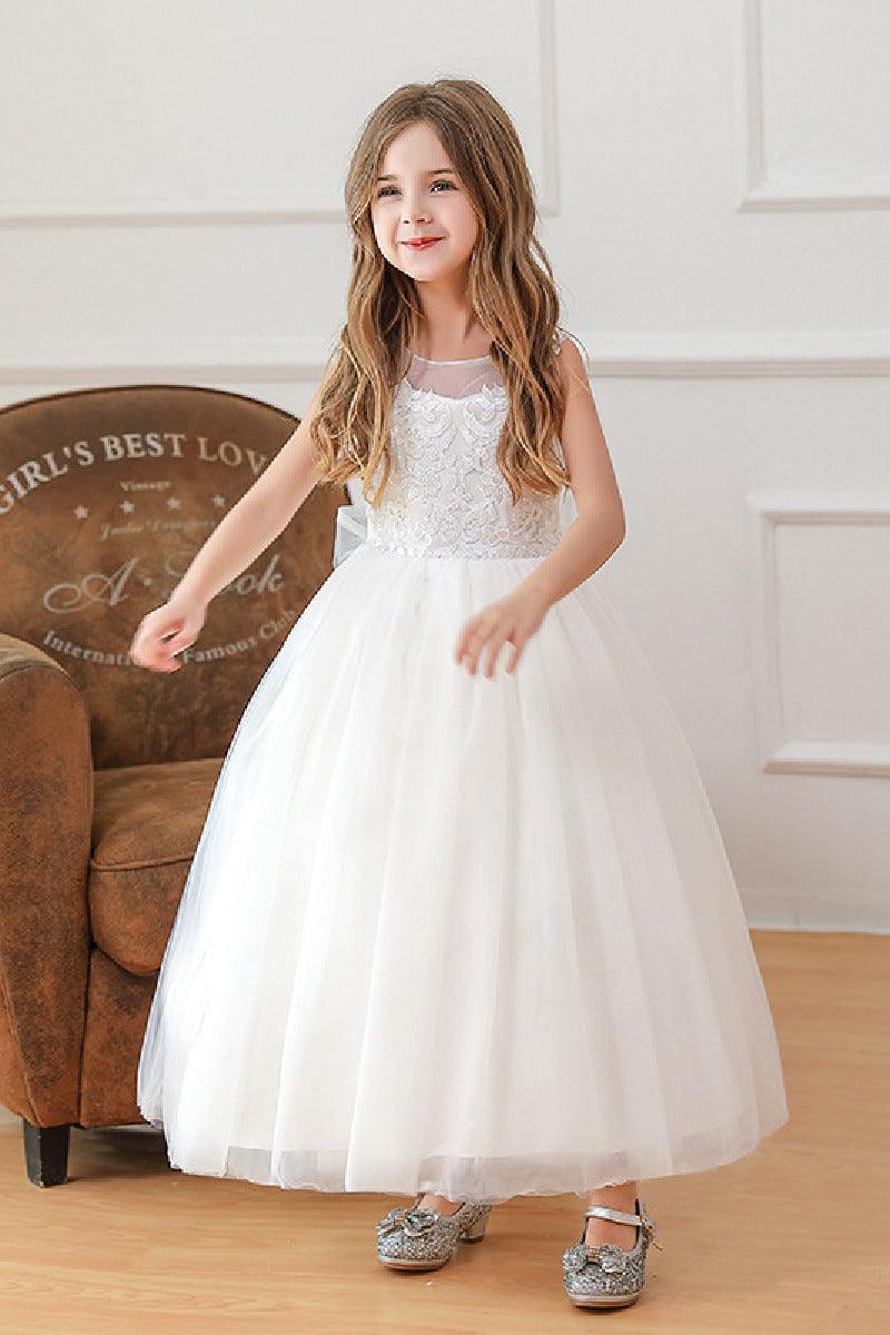 A-line/Princess Illusion Neck Tea Length Lace Tulle Flower Girl Dress 785081622909 - COCOMELODY