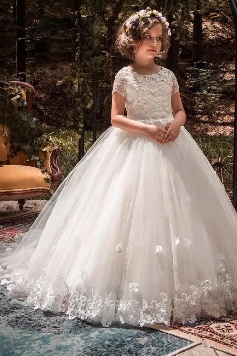 A-Line Scoop Neck Short Sleeve Tulle Court Train Flower Girl Dresses 819345177220 - COCOMELODY
