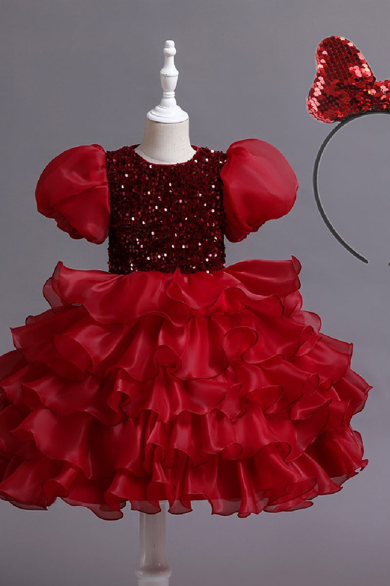 Princess Round Neck Puff Sleeve Sequin Ruffled Organza Knee Length Flower Girl Dresses 1029252510739
